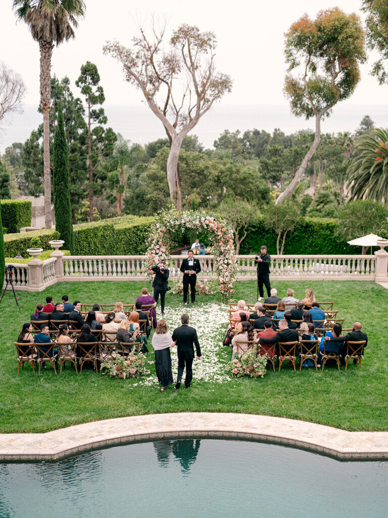 outdoor garden ceremony at a Malibu mansion wedding venue