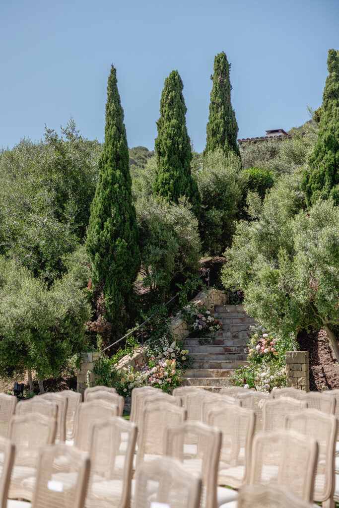 Santa Barbara ceremony seating framed by olive trees and hillside landscape